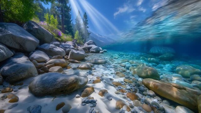 Explore a stunning underwater panorama transitioning from a rocky shoreline to a serene sandy bottom with scattered pebbles.