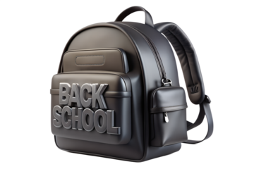 Photo of a stylish black backpack with the words back school embossed on the front, isolated on a transparent background