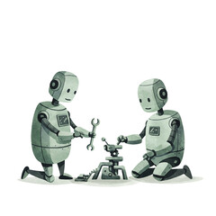 Two friendly watercolor robots collaborating on a project with tools and machinery, showing teamwork and innovation