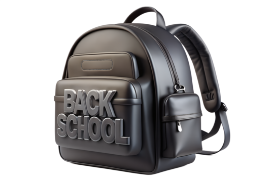 Photo of a stylish black backpack with the words back school embossed on the front, isolated on a transparent background