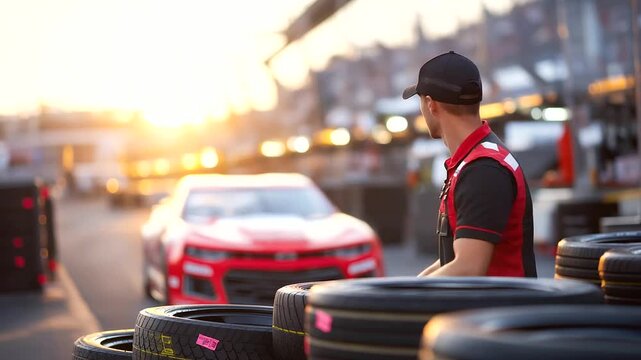 A tire changer stacks tires in a pit area with rubber piling labels sticking a crew chief checking pressures and a car idling nearby shown in a organized photo with tire