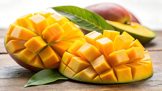 Deliciously ripe mango sliced into cubes and ready to eat on a wooden surface