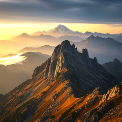 Fototapeta premium Dramatic mountain landscape at sunrise with golden light illuminating rugged peaks and misty valleys below