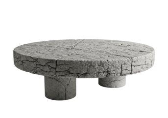 Massive, circular grey granite communal gathering table, deeply weathered with ancient textures, supported by stone pedestals, isolated on a bright white studio background, concept of enduring history