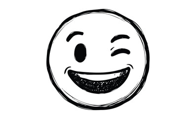 Fototapeta premium Playful hand-drawn smiley face winking with cheerful expression in black and white. Vector retro hand drawn illustration