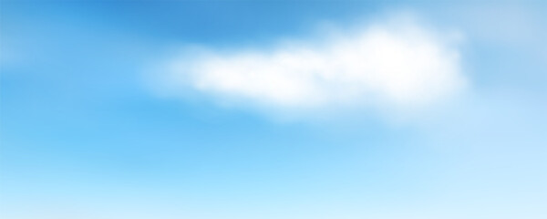 Fototapeta premium Realistic white fluffy cloud textures on light blue sky background. Heaven landscape for summer banner, card, cover, poster. Concept cloudscape. Natural overlay effect. Vector illustration