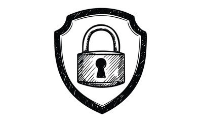 Padlock icon on shield symbolizing security and protection concept. Vector retro hand drawn illustration