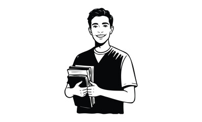 Smiling young caucasian male student holding books in casual attire. Vector retro hand drawn illustration