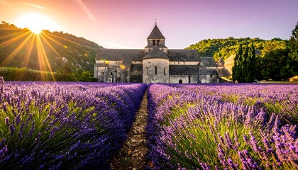 Lavender field with ancient abbey at sunrise