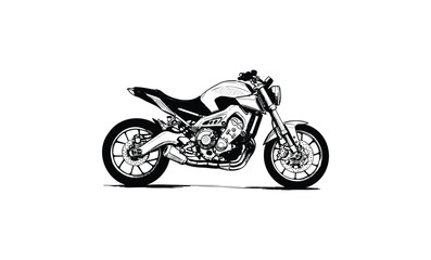 Obraz premium Black and white modern motorcycle sketch design with exposed engine and sporty frame. Vector retro hand drawn illustration
