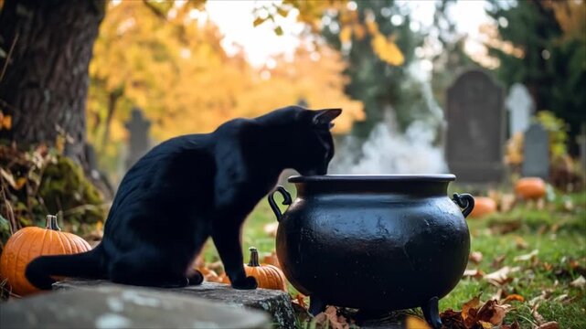 Black cat and cauldron outdoors