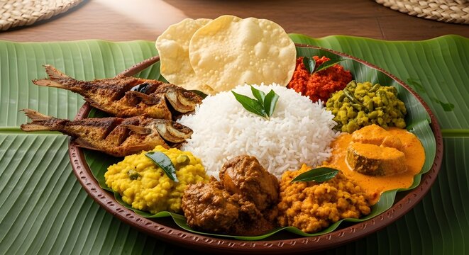 Traditional Sri Lankan rice and curry on banana leaf