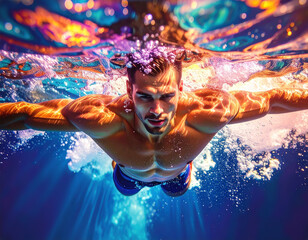Male Swimmer Athlete Underwater Training In A Dynamic Water Splashes Pool