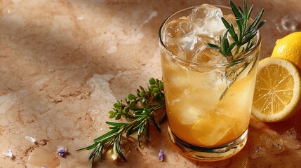 Refreshing iced beverage in glass with rosemary garnish and lemon slices on marble texture background, ideal for summer drink wallpaper poster banner design.