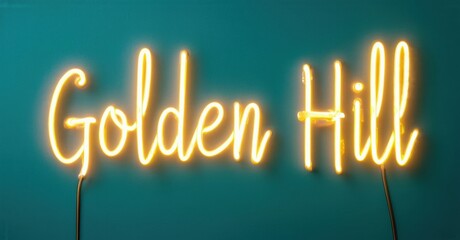 Bright neon sign displays Golden Hill text. Turquoise background provides contrast. Simple design, modern aesthetic. Illuminated lettering stands out.