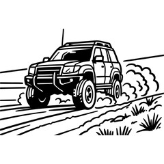 Off-road Suv Driving on Dirt Trail in Nature Line Art Vector