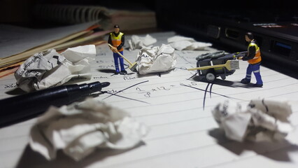 Mini toy of action figure at table with blurred background. Miniature photography concept design. Minifigure of employee character at office desk with crumple paper. Cleaning crew with dustbin.