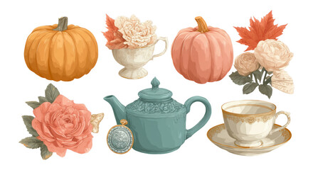 Vintage Autumn Collection with Teapot, Flowers, Pumpkins, and Decorative Elements