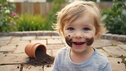 Happy toddler with dirty face playing outdoors after spilling soil from flower pot in garden, natural childhood moment with messy playful expression and bright blue eyes