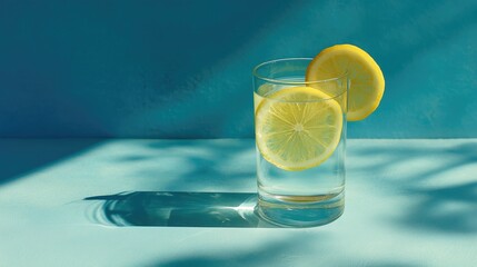 Refreshing lemon water in glass with lemon slices on blue background, featuring soft light and shadow for summer drink wallpaper poster banner design.