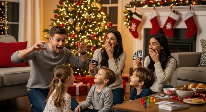 Happy Family Playing Card Game by Christmas Tree