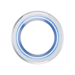 Sleek, polished translucent circular frame with luminous internal electric blue glow radiating, sharp reflections on white background, empty copy space, concept of sleek futuristic technology