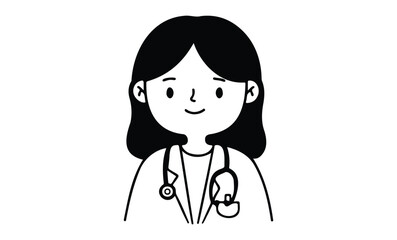 Female doctor cartoon illustration with stethoscope. Vector retro hand drawn illustration
