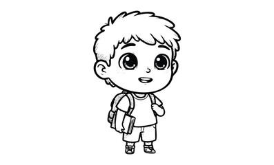 Obraz premium Adorable cartoon boy with backpack: cute chibi character with big eyes and short hair. Vector retro hand drawn illustration