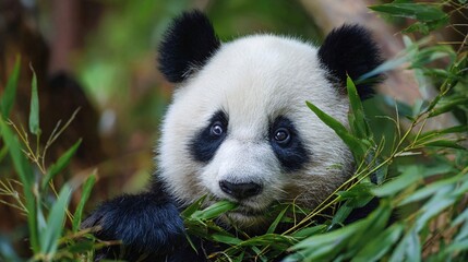 A panda bear sitting among green bamboo shoots while eating leaves, vibrant colors