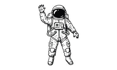 Illustration of astronaut in spacesuit waving. Vector retro hand drawn illustration