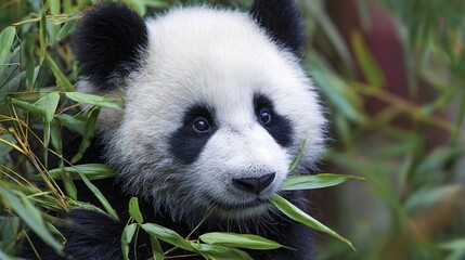 A panda bear sitting among green bamboo shoots while eating leaves, vibrant colors