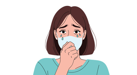 Young woman coughing wearing surgical mask feeling sick coronavirus symptoms pandemic illness