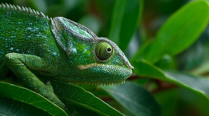 Obraz premium A close up of a chameleon blending into green foliage, macro lens photography
