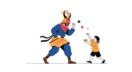 Obraz premium Traditional festival celebration with masked figure and child playing