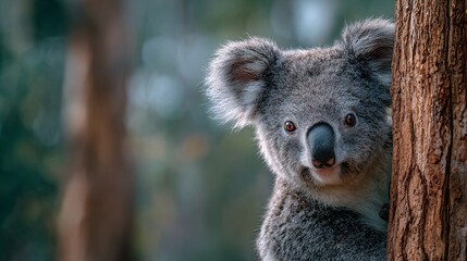 Obraz premium A koala clinging to a eucalyptus tree with blurred forest background, natural lighting