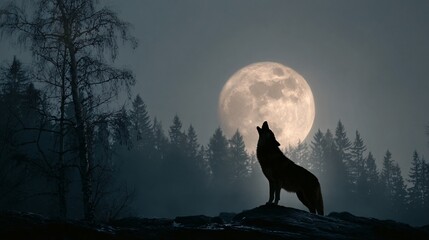 A wolf howling under a full moon with dark forest silhouette, dramatic scene