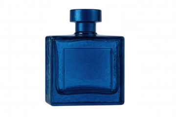 Blue perfume bottle with blank label on a transparent background, creating a luxurious and elegant image for beauty and fragrance projects