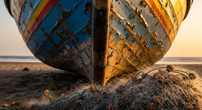 Dramatic worm's-eye close-up of a weathered Indian fishing boat hull with peeling blue and yellow paint on wet sand at golden hour sunset, featuring fishing nets.