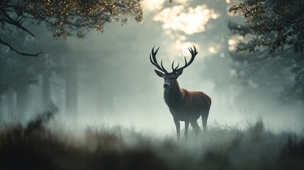 Naklejka premium A majestic stag standing in a misty forest at sunrise, ethereal atmosphere