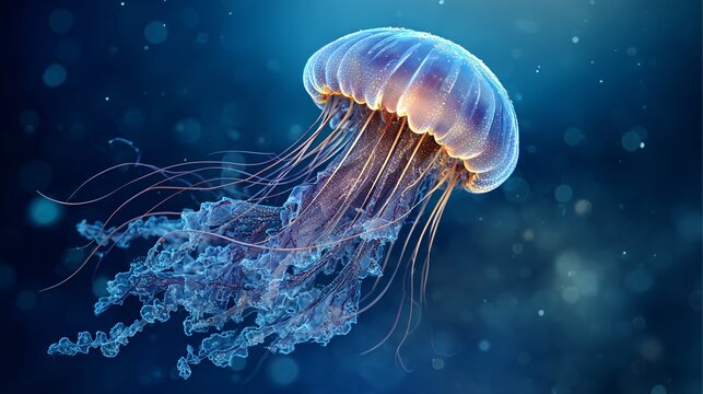 A jellyfish floating gracefully in deep blue ocean waters, glowing tentacles