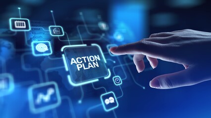 Action Plan Strategic Planning and Goal Setting, projection on a virtual screen, Business and Technology Concept.