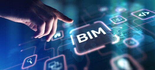 BIM Building Information Modeling for Construction Efficiency, projection on a virtual screen, Business and Technology Concept.