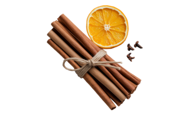 Spice Symphony: A beautifully arranged close-up showcasing cinnamon sticks, an orange slice, and cloves, evoking a sense of warmth and culinary delight.