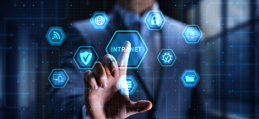 Intranet Enhancing Internal Communication and Collaboration, projection on a virtual screen, Business and Technology Concept.