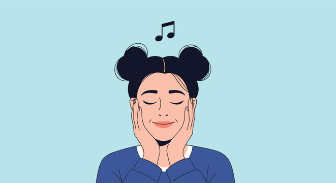 A person enjoying music with eyes closed and hands on cheeks