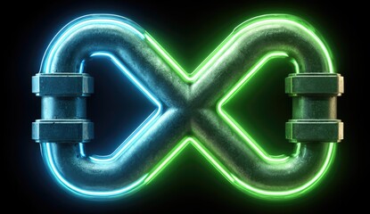 Fototapeta premium A vibrant, glowing infinity symbol formed from stylized metallic pipes with neon green and teal accents.