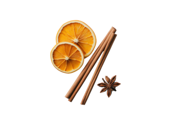 Aromatic Spice Harmony: A high-angle view highlights the artful arrangement of cinnamon sticks, star anise, and dried orange slices, a visual treat for culinary enthusiasts. 
