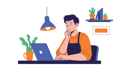 Fototapeta premium Man working on laptop at a desk with plants and lamp