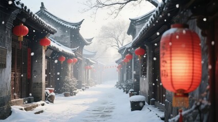 Snowy Traditional Street with Red Lanterns