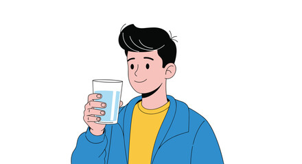 Young man enjoying a refreshing glass of water on a bright sunny day illustration